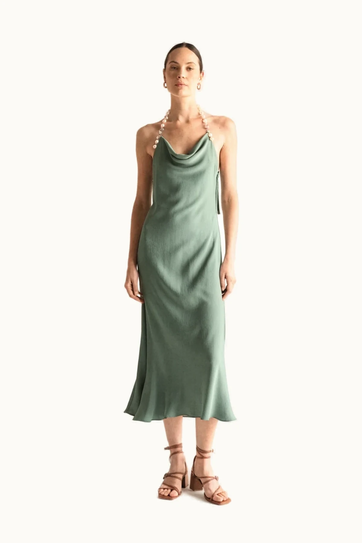 Avra Bead-Strap Halter Midi Dress in Sea Glass