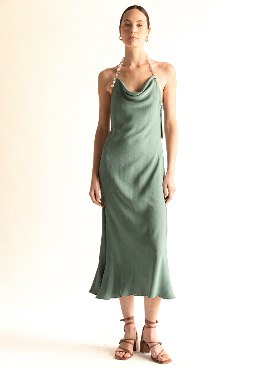 Avra Bead-Strap Halter Midi Dress front view on a clean studio background