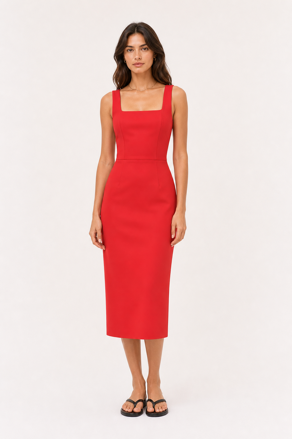 Model wearing the Celia Bengaline Square-Neck Midi Dress from the front