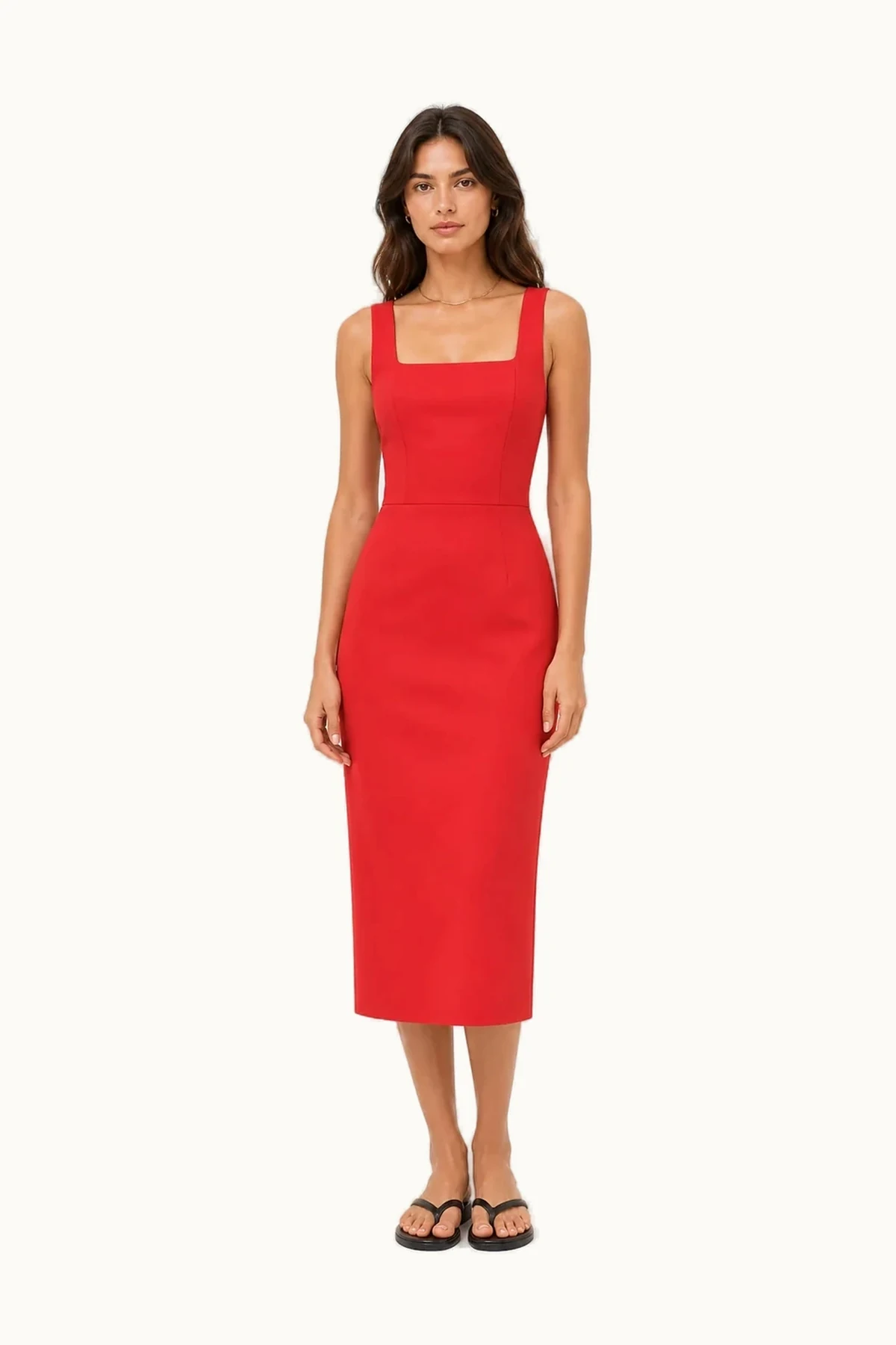 Model wearing the Celia Bengaline Square-Neck Midi Dress from the front