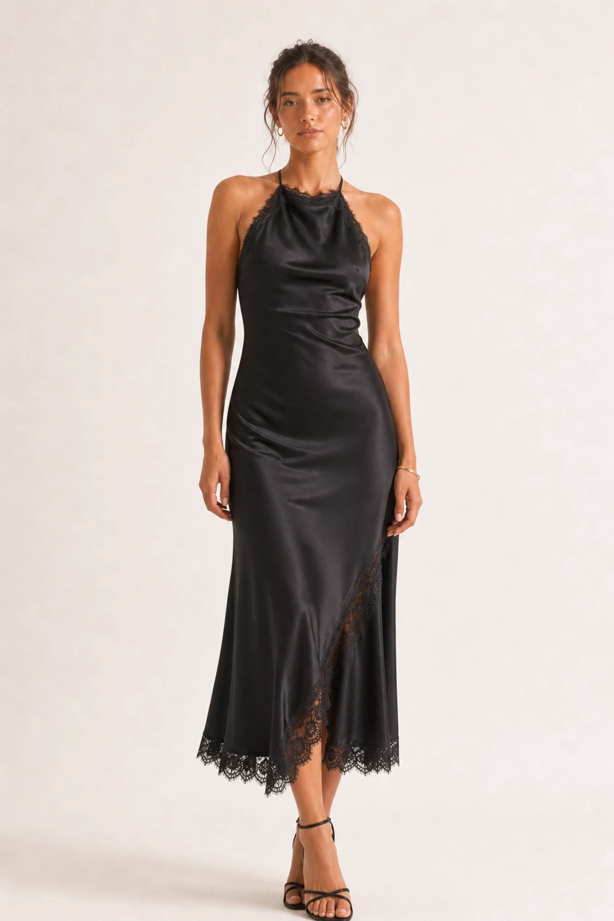 Cleo Satin Lace Midi Dress front view on a clean studio background