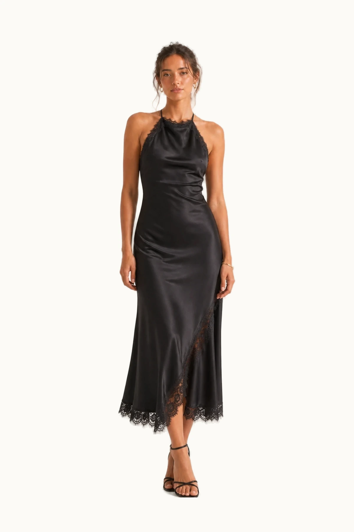 Cleo Satin Lace Midi Dress front view on a clean studio background