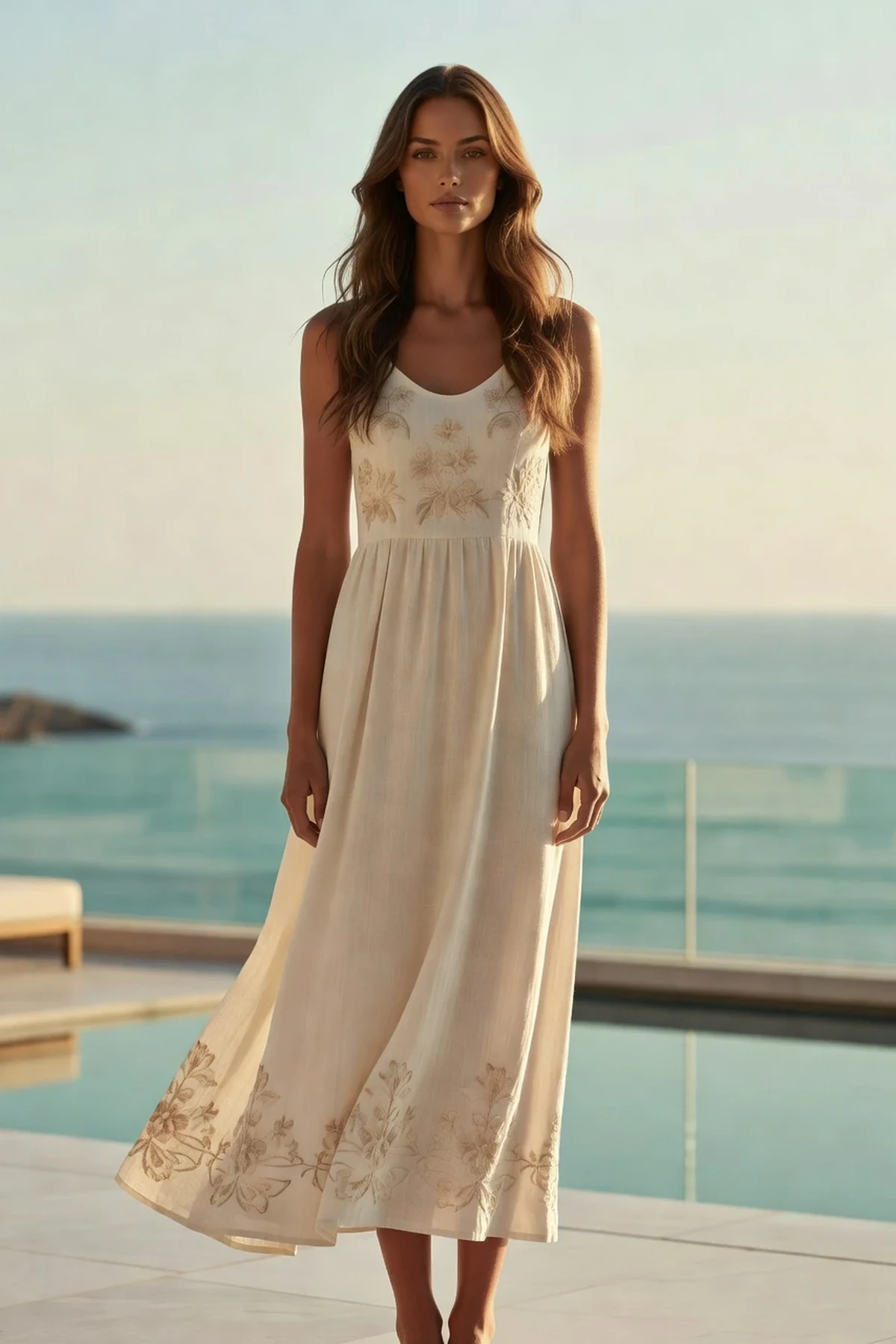 Coastal Bloom Linen Embroidery Midi Dress in Natural Ecru
