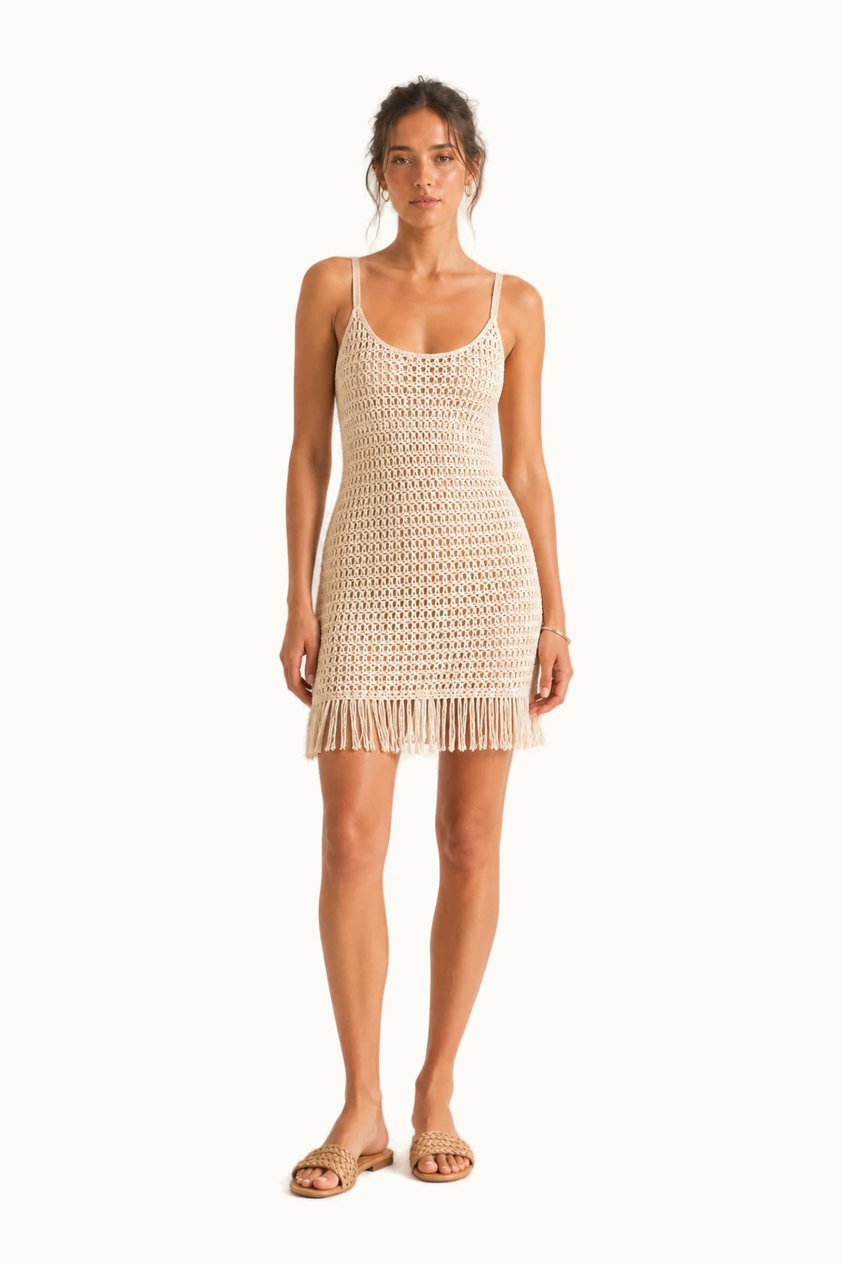 Elio Crochet Fringe Mini Dress front view on a clean studio background