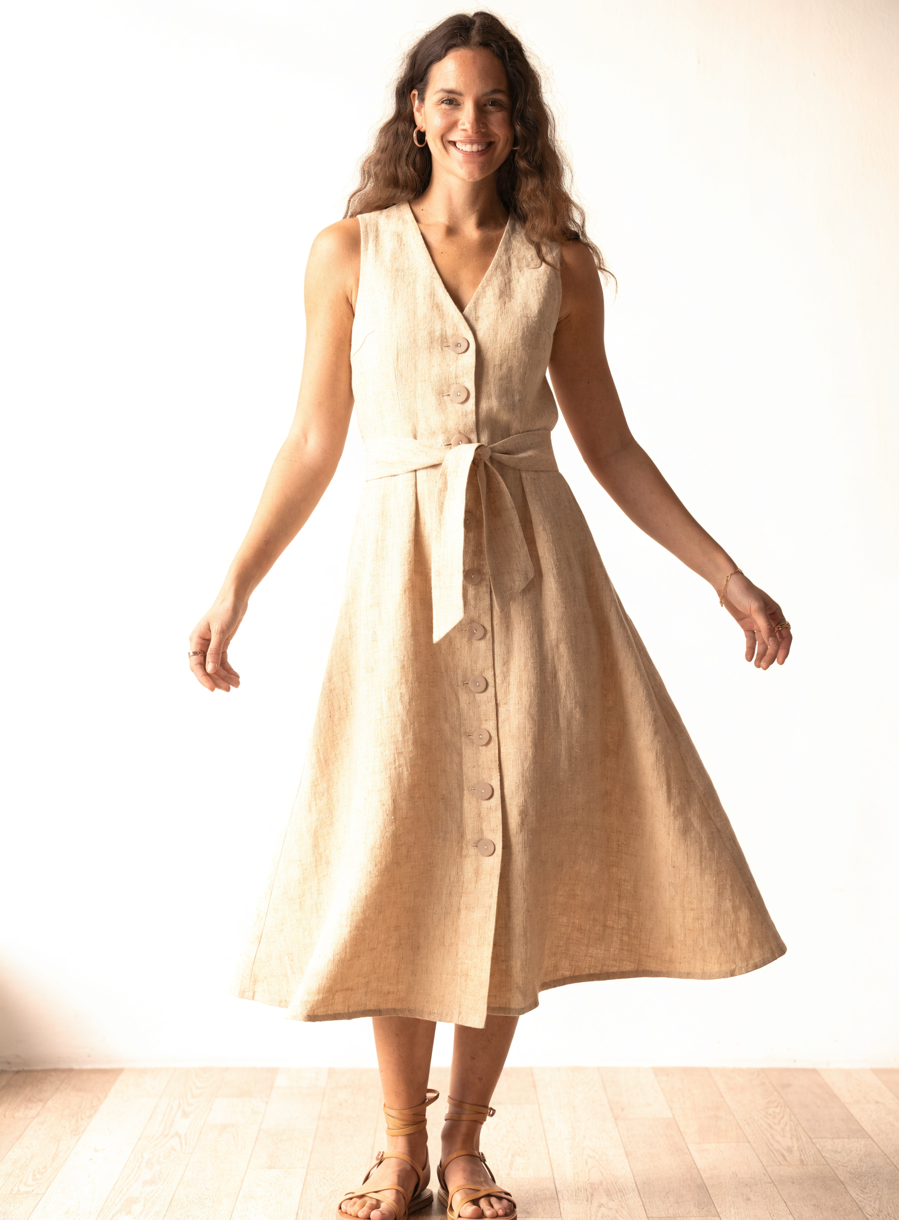 Model wearing the Heritage Linen Vest Dress from the front