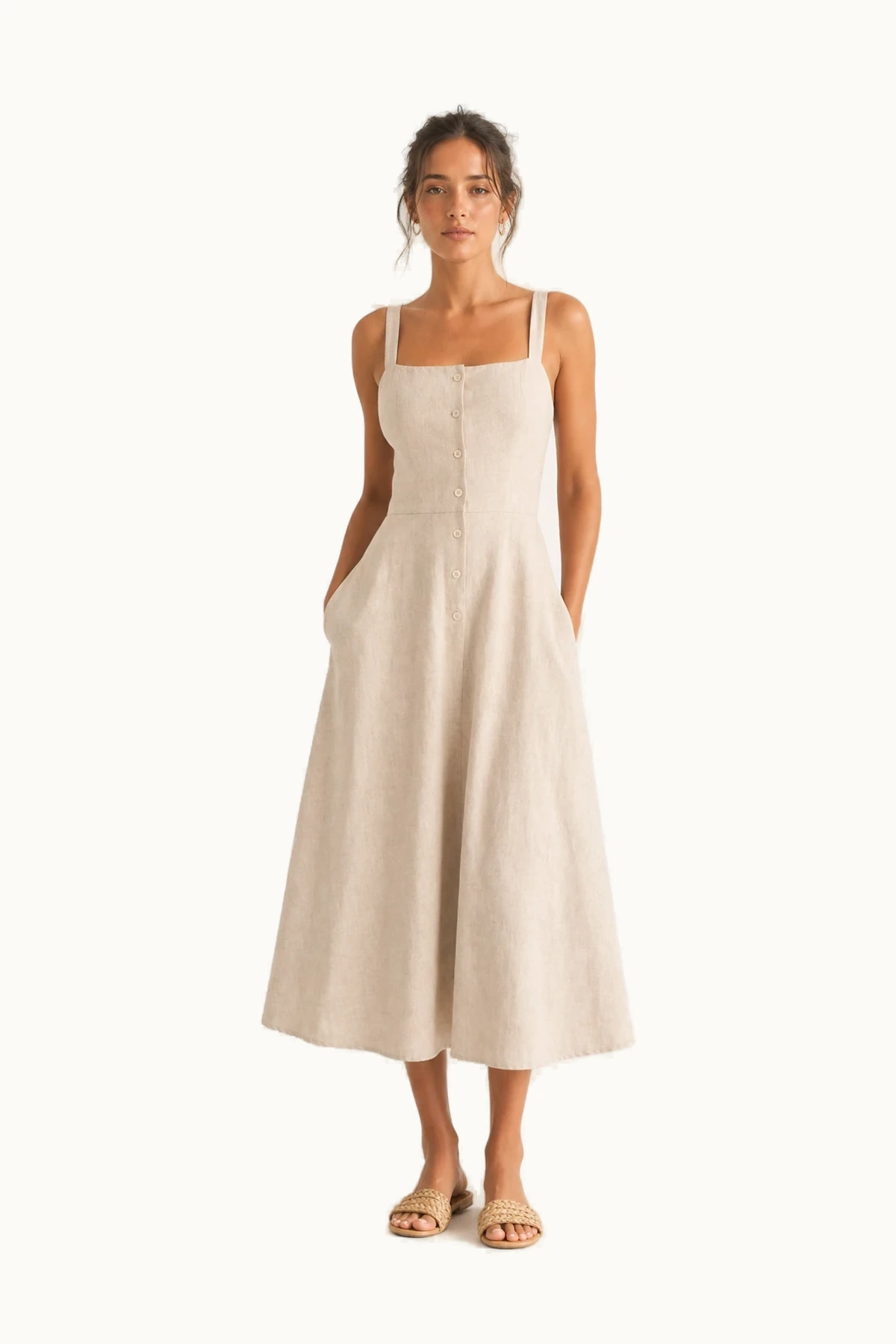 Isla Linen Crossback Midi Dress front view on a clean studio background