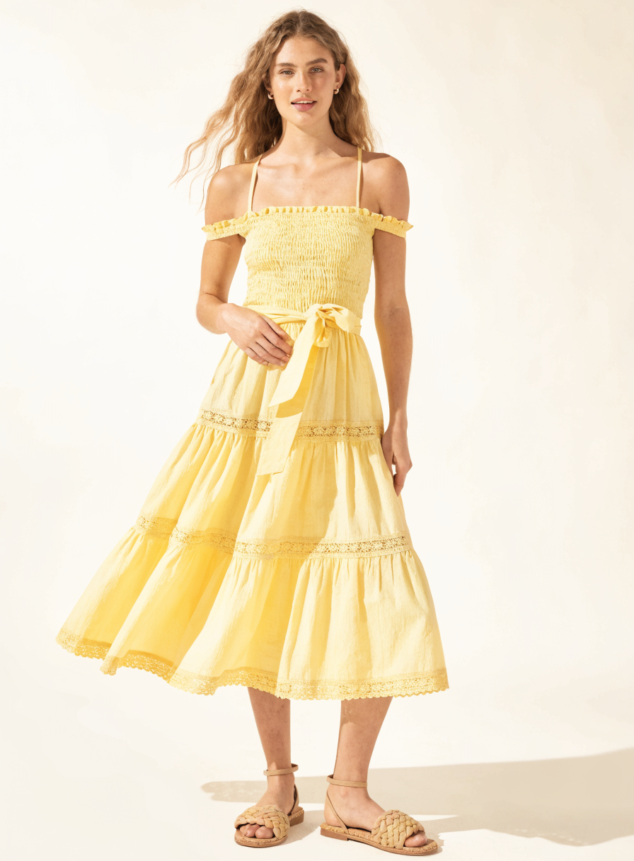 Model wearing the Lyra Crochet-Trim Tiered Midi Dress from the front