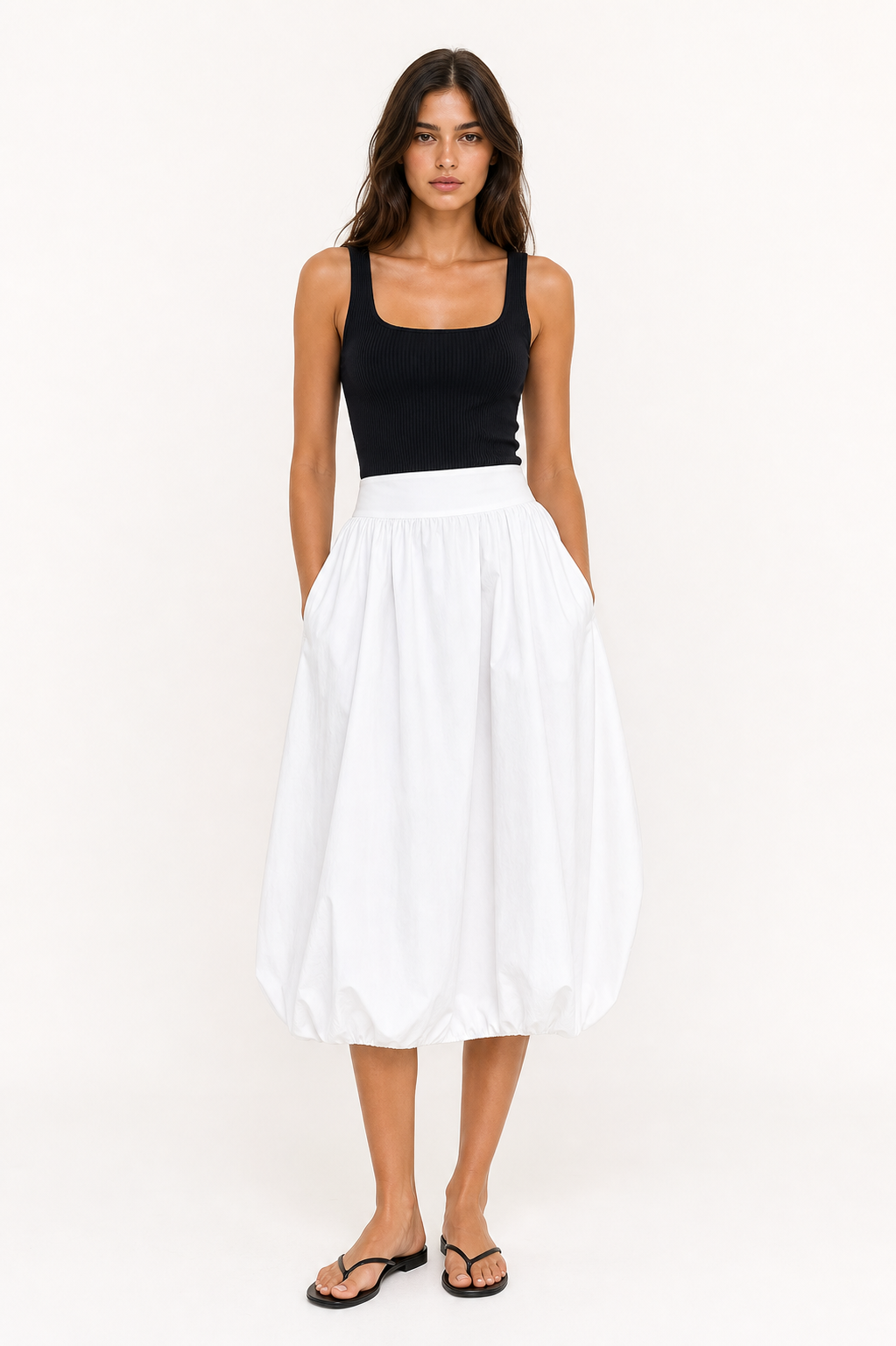 Model wearing the Maelle Poplin Balloon Midi Skirt from the front