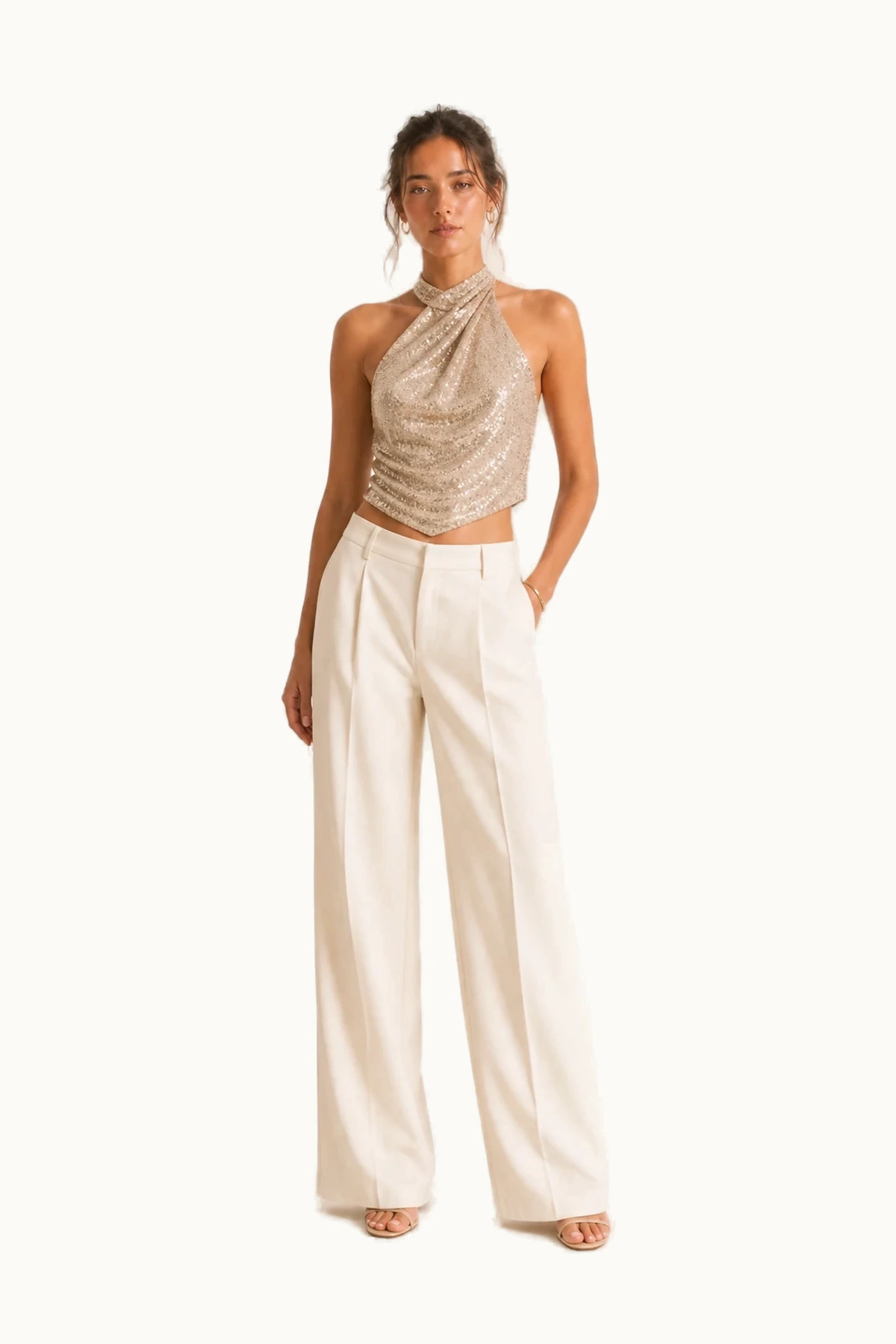 Mara Sequin Halter Top in Champagne
