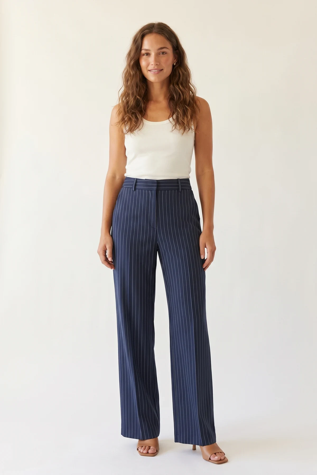 Margaux Pinstripe Wide-Leg Trouser in Navy Pinstripe