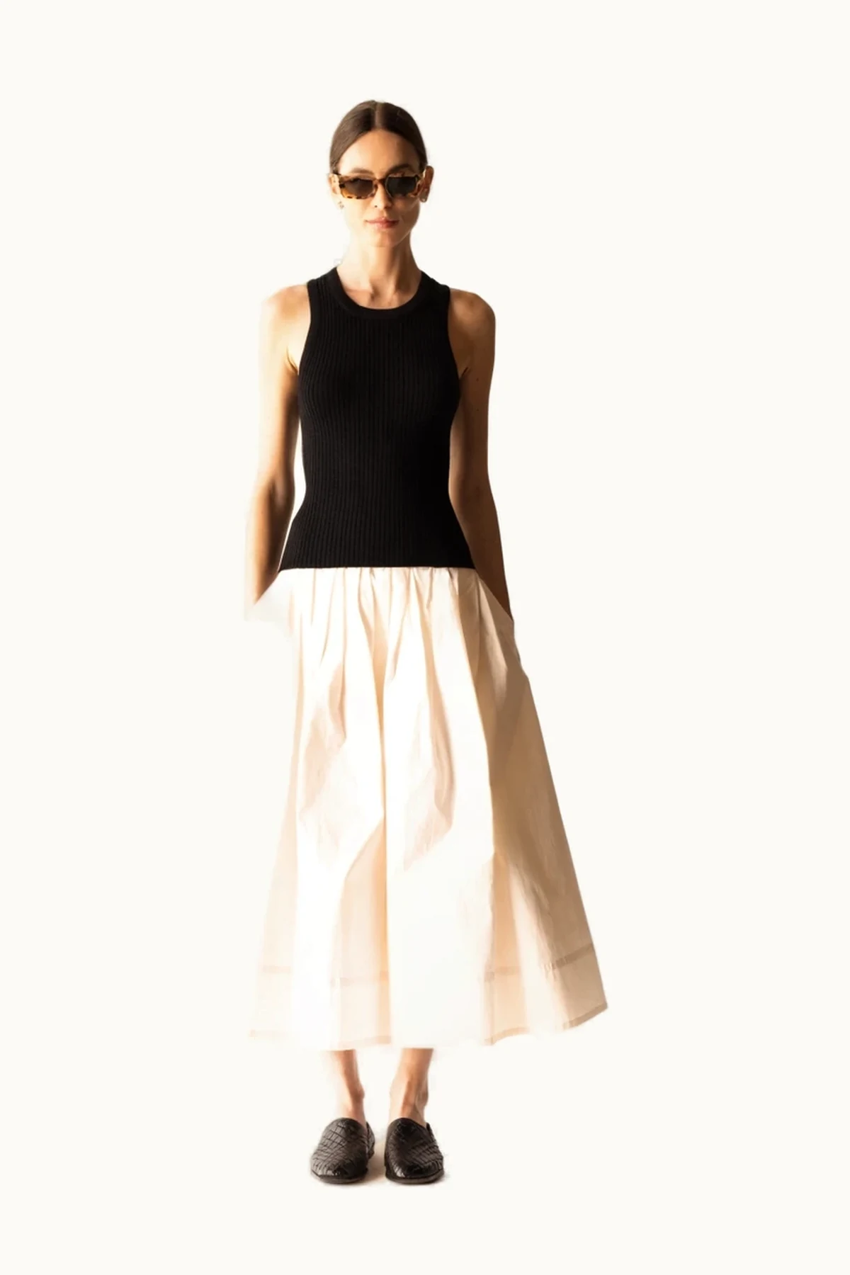Mirelle Mixed-Media Poplin Midi Dress in Black Ivory