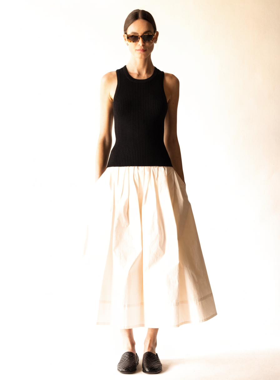 Mirelle Mixed-Media Poplin Midi Dress front view on a clean studio background