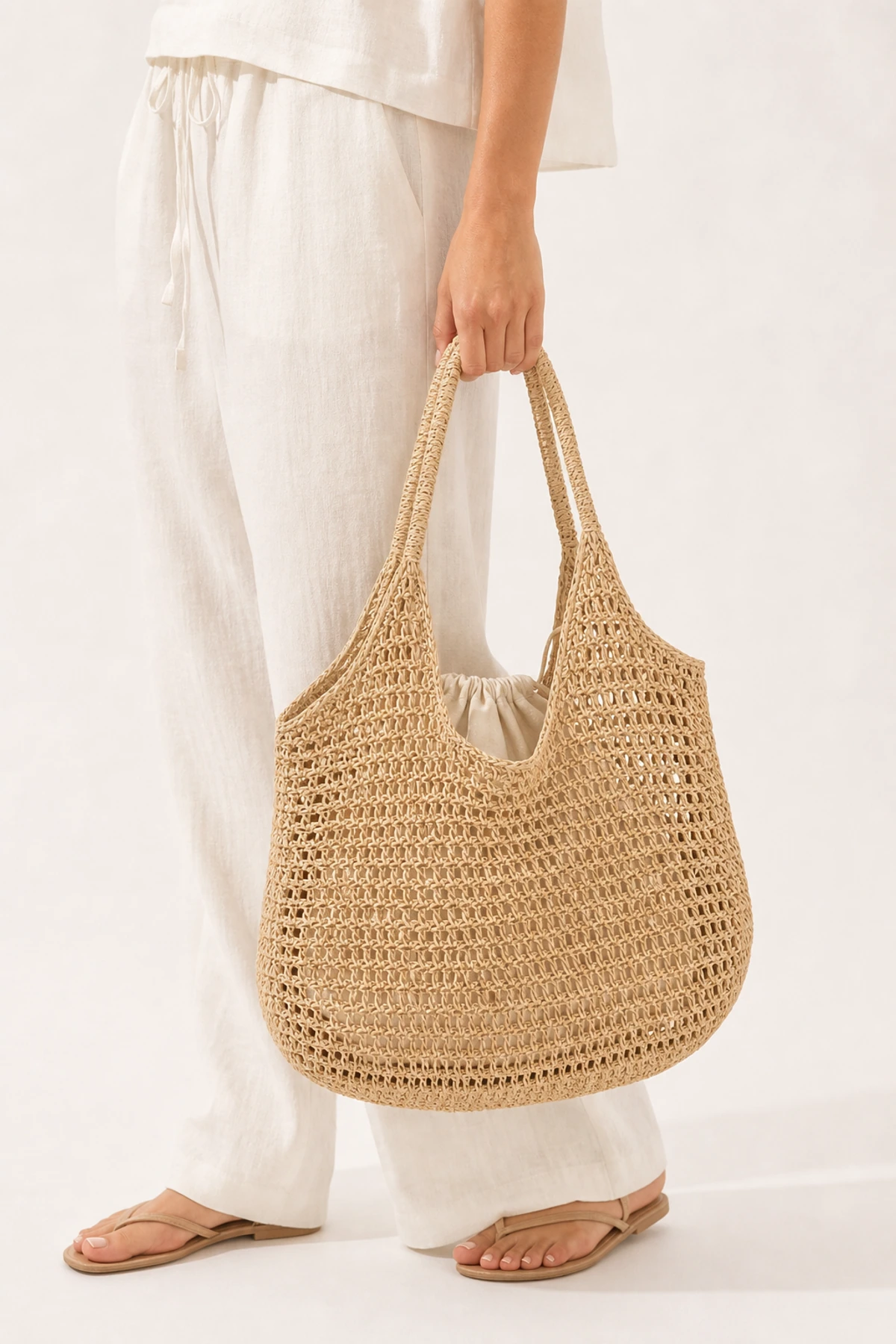 Noa Crochet Slouch Tote front view on a clean studio background