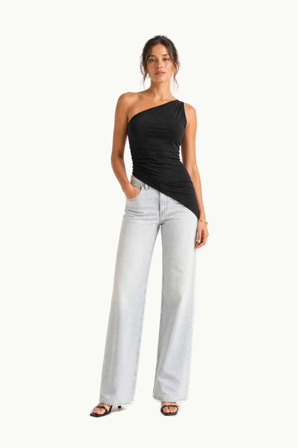 Rhea Asymmetric Ruched Top front view on a clean studio background