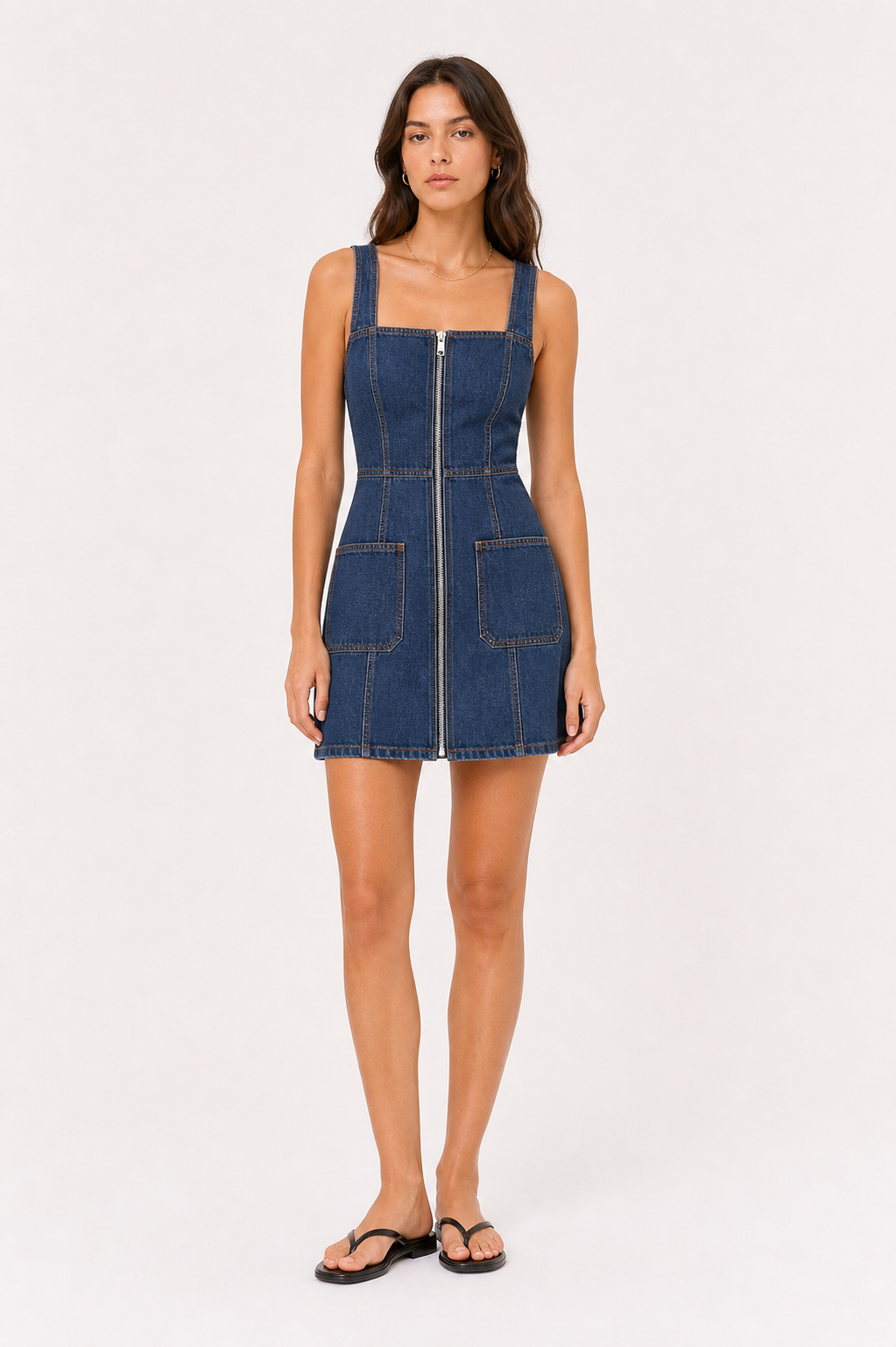 Model wearing the Rowan Denim Zip Mini Dress from the front