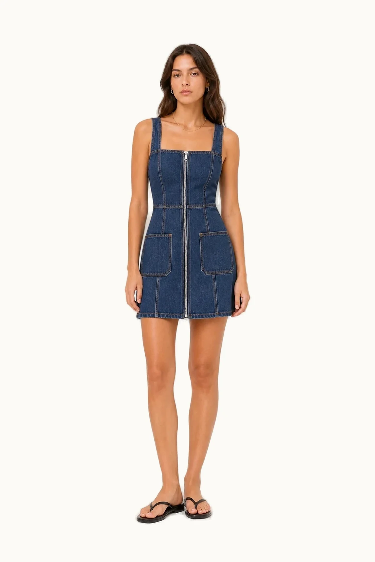 Model wearing the Rowan Denim Zip Mini Dress from the front