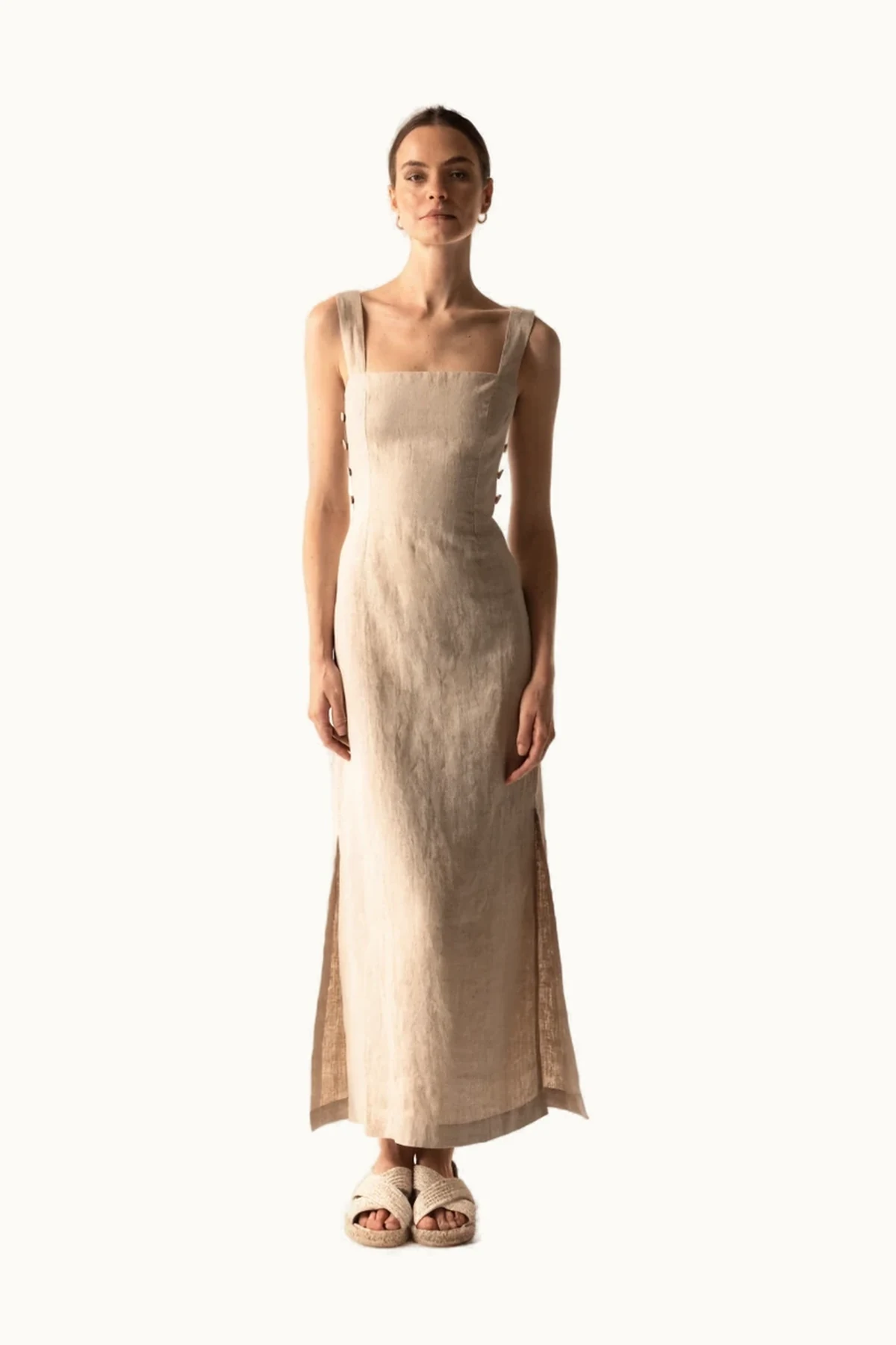 Talia Button-Back Linen Maxi Dress in Driftwood