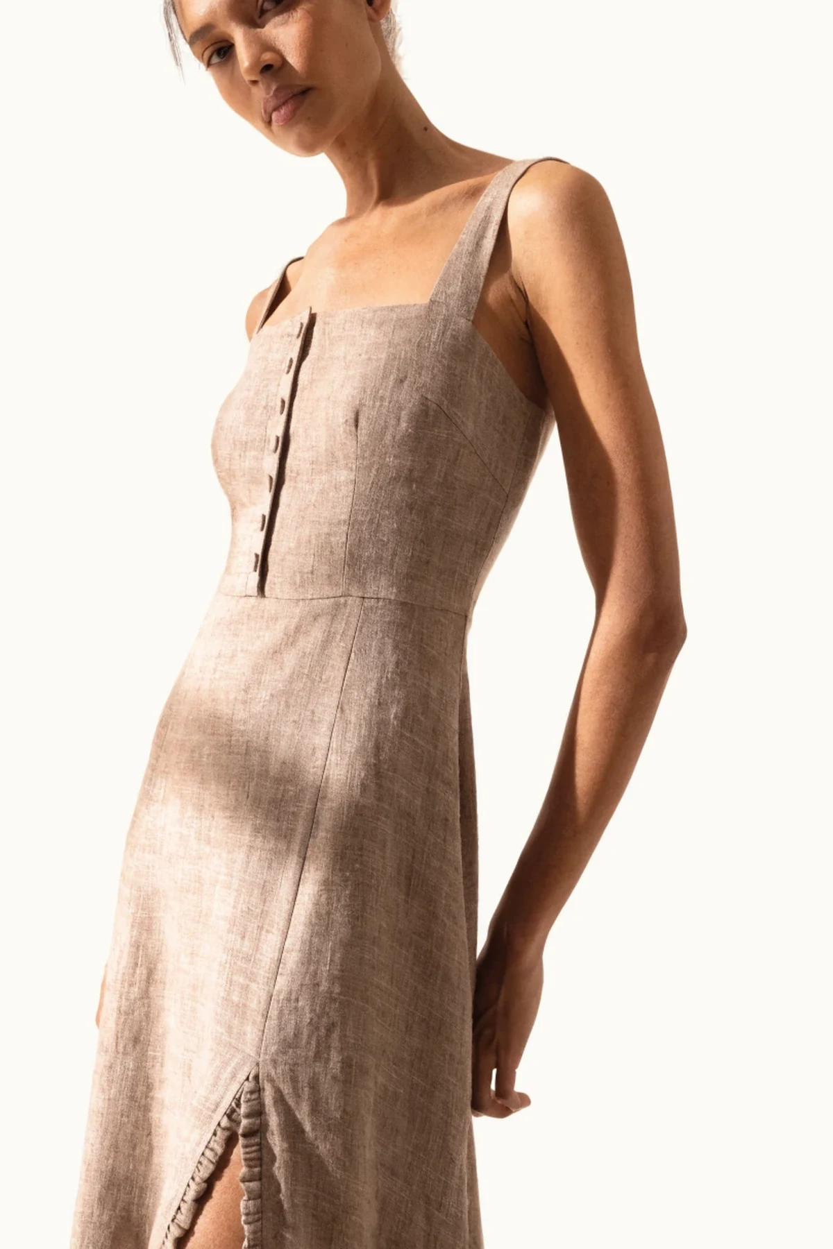 Close detail of the Talia Button-Back Linen Maxi Dress