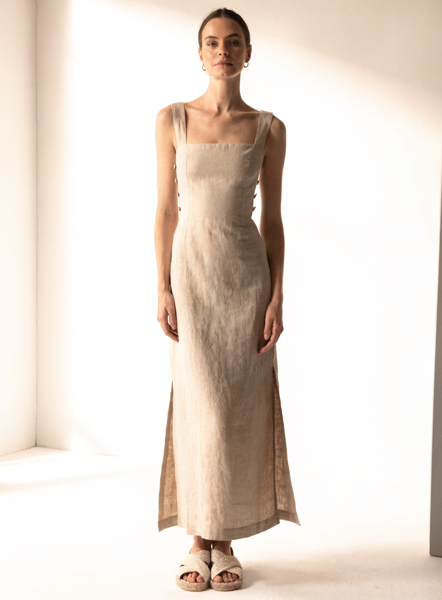 Talia Button-Back Linen Maxi Dress front view on a clean studio background